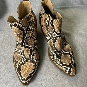 Brown snake print ankle boots with pointed toe and side zipper